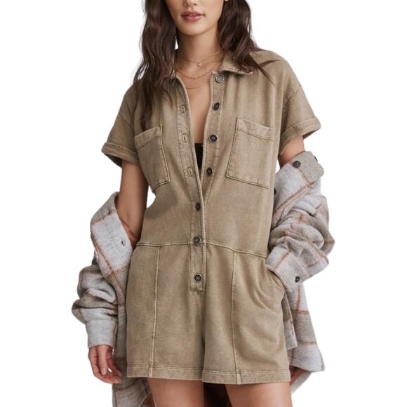 Anthropologie T.La Boiler Utility Romper Medium Brown Green Distressed Casual - Picture 1 of 9